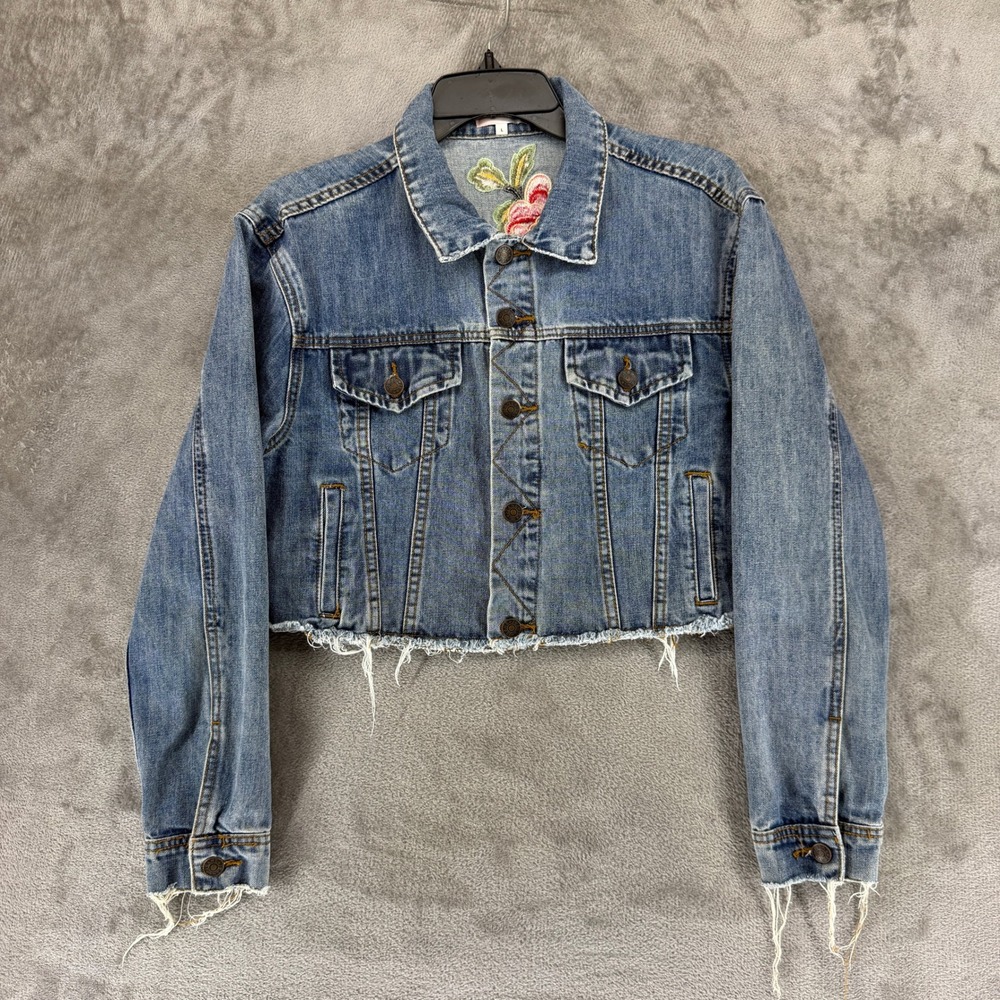 Sunset + Spring Jacket Womens L S5096A Blue Floral Embroidered Cropped Raw EUC